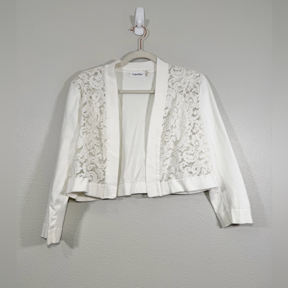 Calvin Klein White Lace-Front Cropped Cardigan